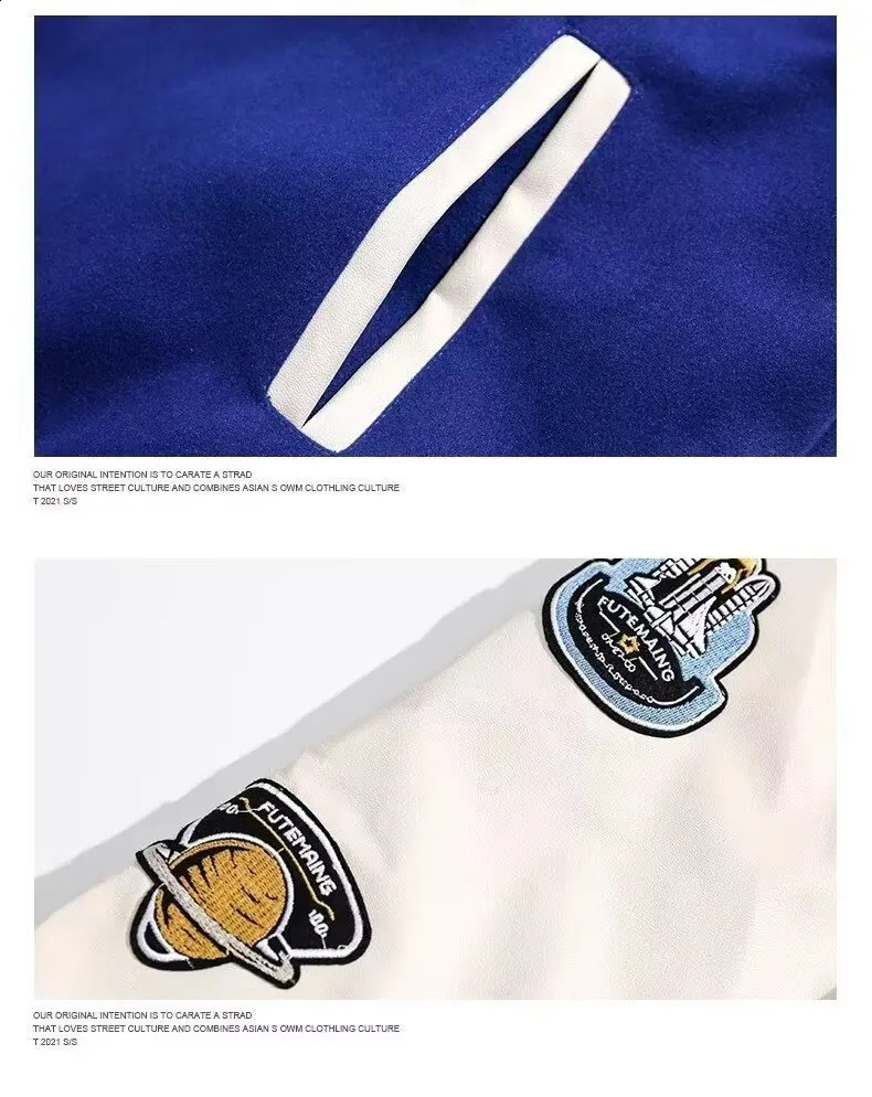 Vintage Baseball Jacket Men Women Couple Klein Blue PU Sleeves Bomber Mens Outwear Fashion Coat Man 251023