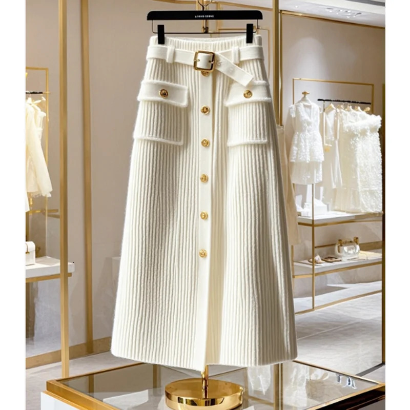 Ladies Winter HighGrade Sense Unique White HighWaisted AKnit Buttons Temperament Slim Fashion Joker Long Soft Skirt 251020