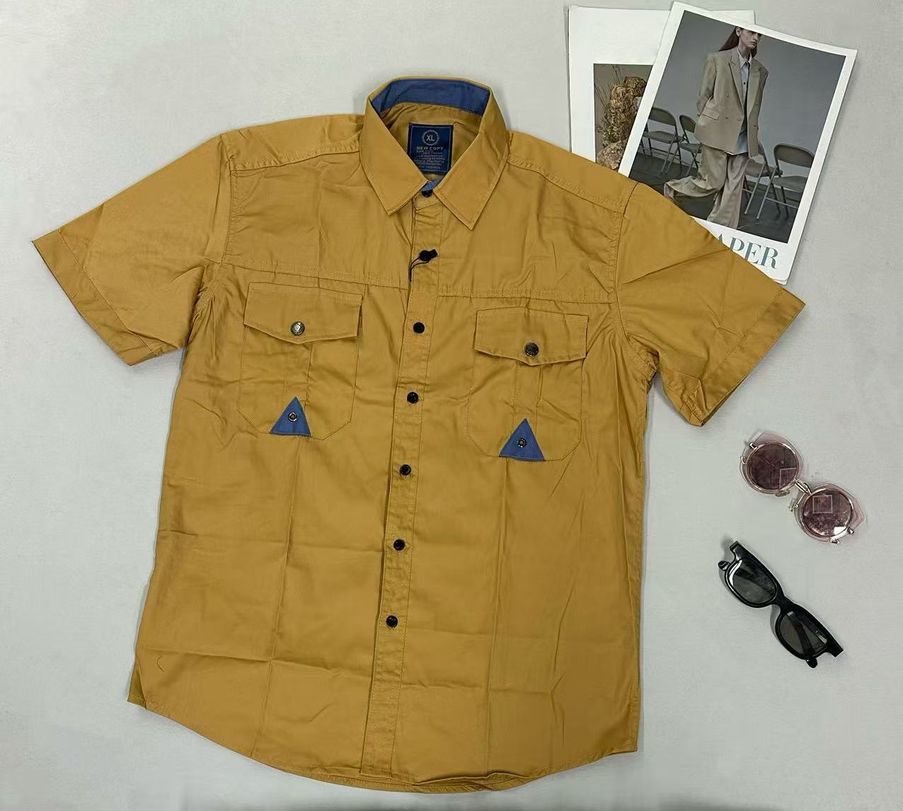 Men's Loose Short-Sleeve Shirt, Pocket Decoration with Contrast Color Triangle, Casual Button-Down, Breathable for Summer - NO19