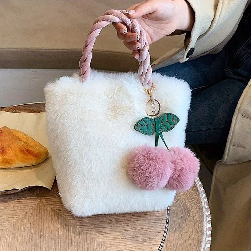Cute Fashion Shoulder Bags Cherry Plush Tote Bag For Women Winter Warm Fluffy Bucket Simple Handbag 251018