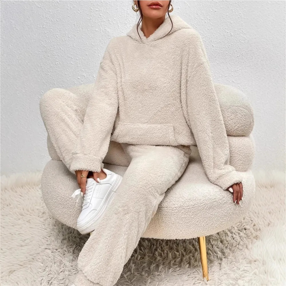 Autumn Winter Plush Hooded Sweatshirt Trousers 2 Piece Set Womens Fashion Pocket Warm Casual Home Clothing Hoodie Suit 251022