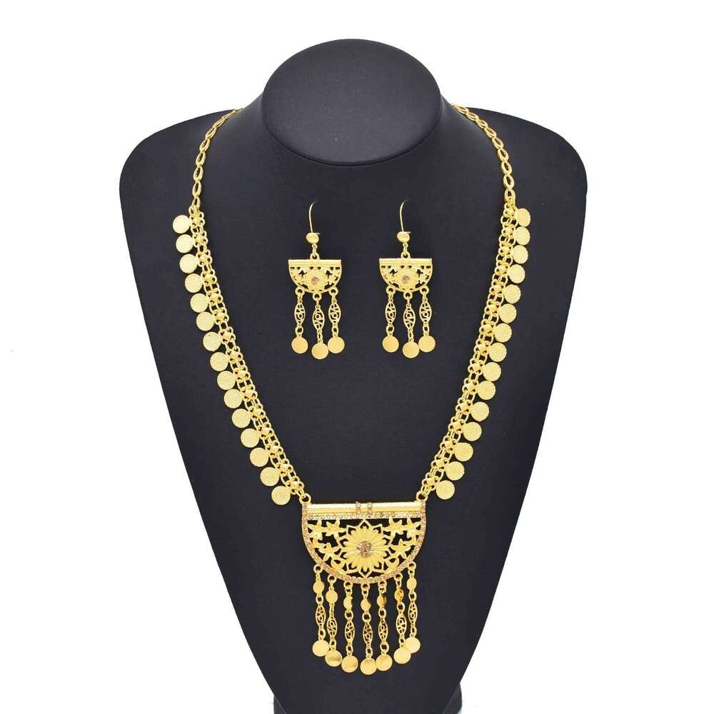 Arab Ethnic Golden Coins Crystal Geometric Moon Pendant Necklace Earrings For Women Vintage Afghan Kurdish Statement Jewelry Set