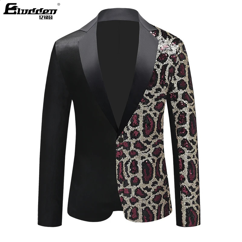 Single Breasted Leopard Sequins Stage Suit Jacket Men Party Hip Hop Fashion Drama costume Blazer Mens Floral 251023