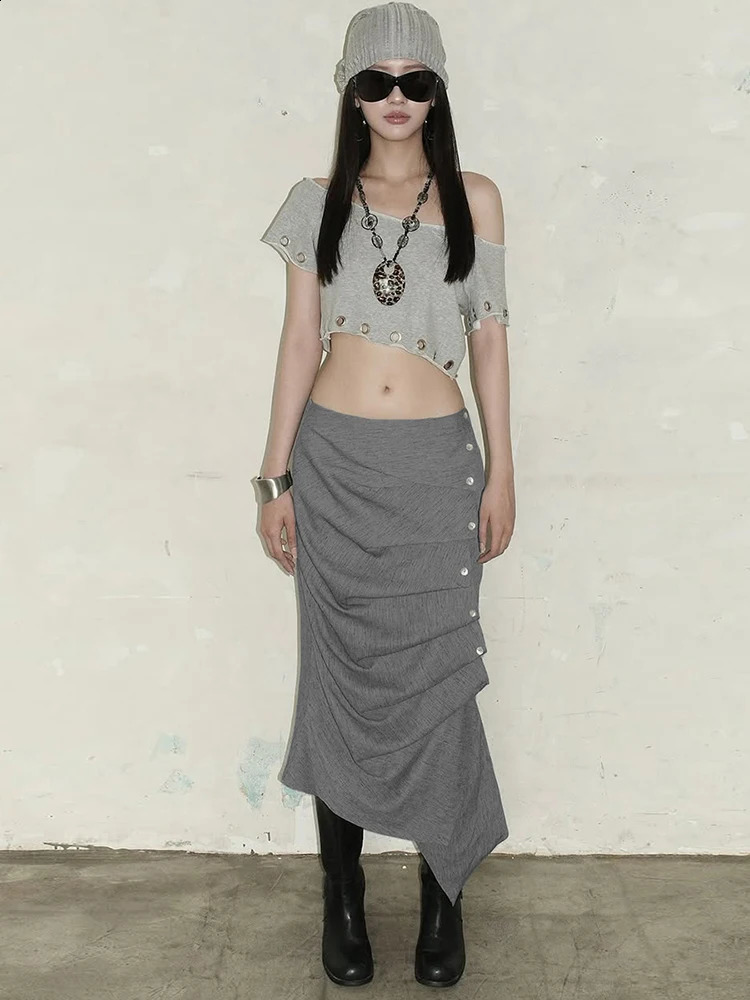 Nibber Button Folds Skirts Women Irregular Hem Skinny Office Style Commute Simple Classic Autumn Trend Street Elegant Outfits 251022