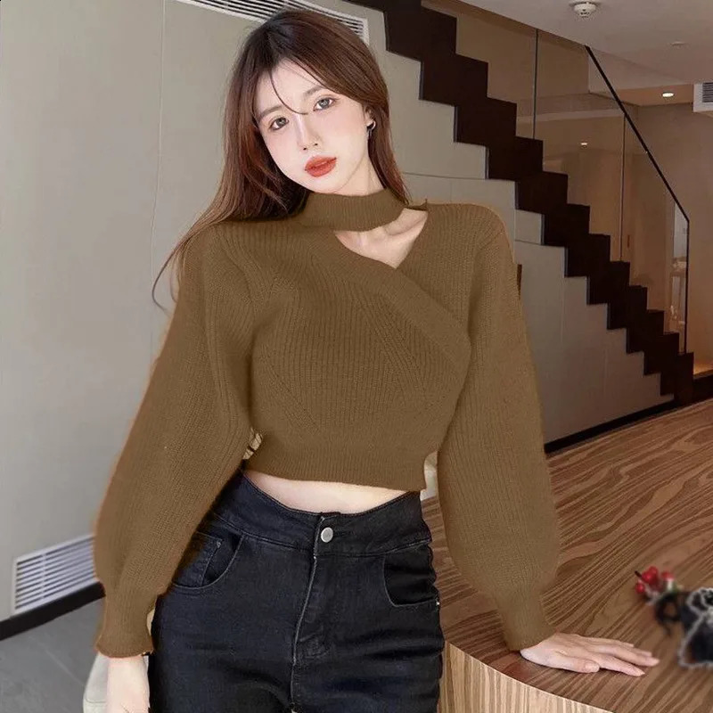 Autumn Sexy Pullovers Vneck Puff Sleeve Knit Cropped Sweaters Long Sleeved Lady Warm Off Shoulder Turtleneck Slim Jumper 251023