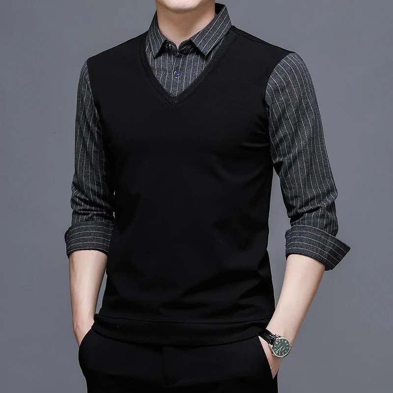 Top Grade Two Fashion Slim Fit Black Striped Shirt For Men Fasion Long Sleeve Classic College Casual Mans Clothes 251016