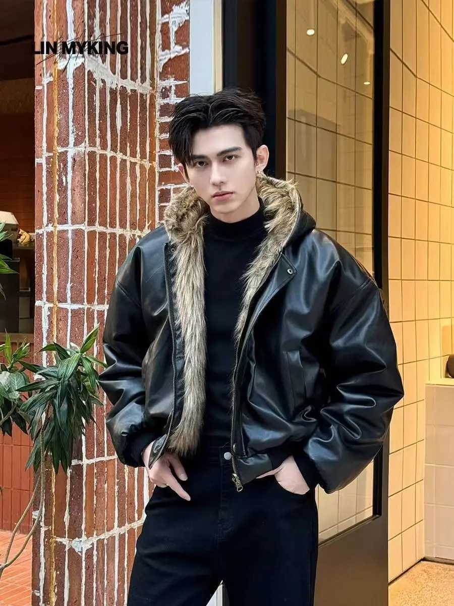 Mens 2025 Winter New Arrival TwoSided Wearable Faux Fur Coat Integrating Fox Fur for Trendy leather jacket Winter Warmth W251023