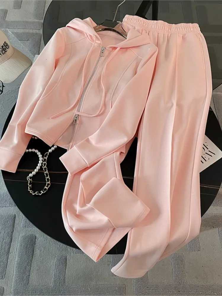 Fashion Solid Color Long Pant Twopiece Set For Woman Casual Hoodie Coats Wideleg Pants Suit Autumn Winter Ladies Office OutfitT251022