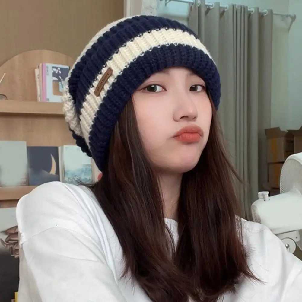 Striped Beanie Winter Hats For Women Knitted Retro Thickened Warm Baggy Cap Trendy Windproof Ear Protect Bonnet Female NewXJ251023