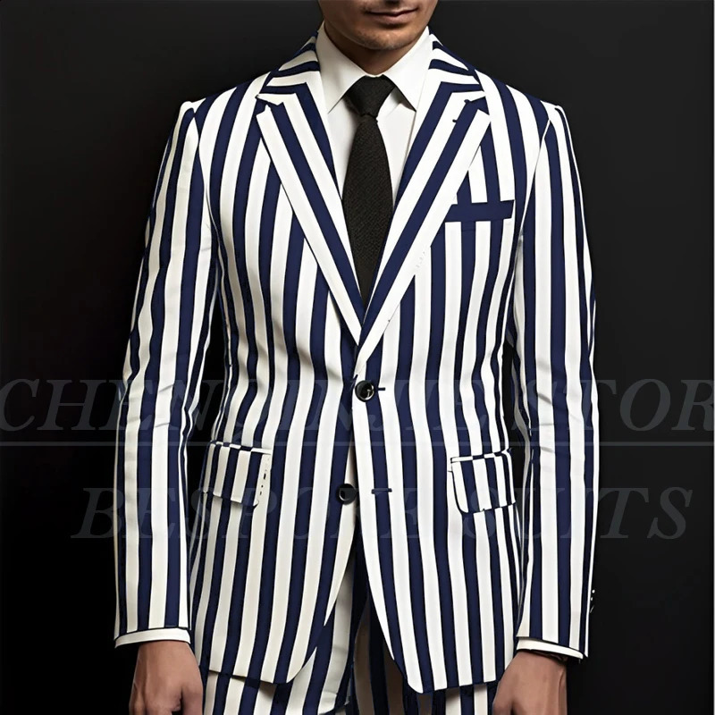 White and Black Stripe Mens Suits Single Breasted Notch Lapel 2 Piece Jacket Pants Formal Outfits Ropa Hombre Slim Fit Tailor 251023