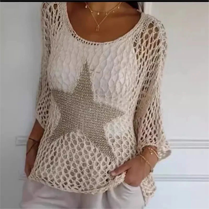 Fashion Women Star Pattern Mesh Hollow Out Fishnet Knit Beach CoverUp Pullovers FiveStar Round Neck Hollow Crochet Top 251023