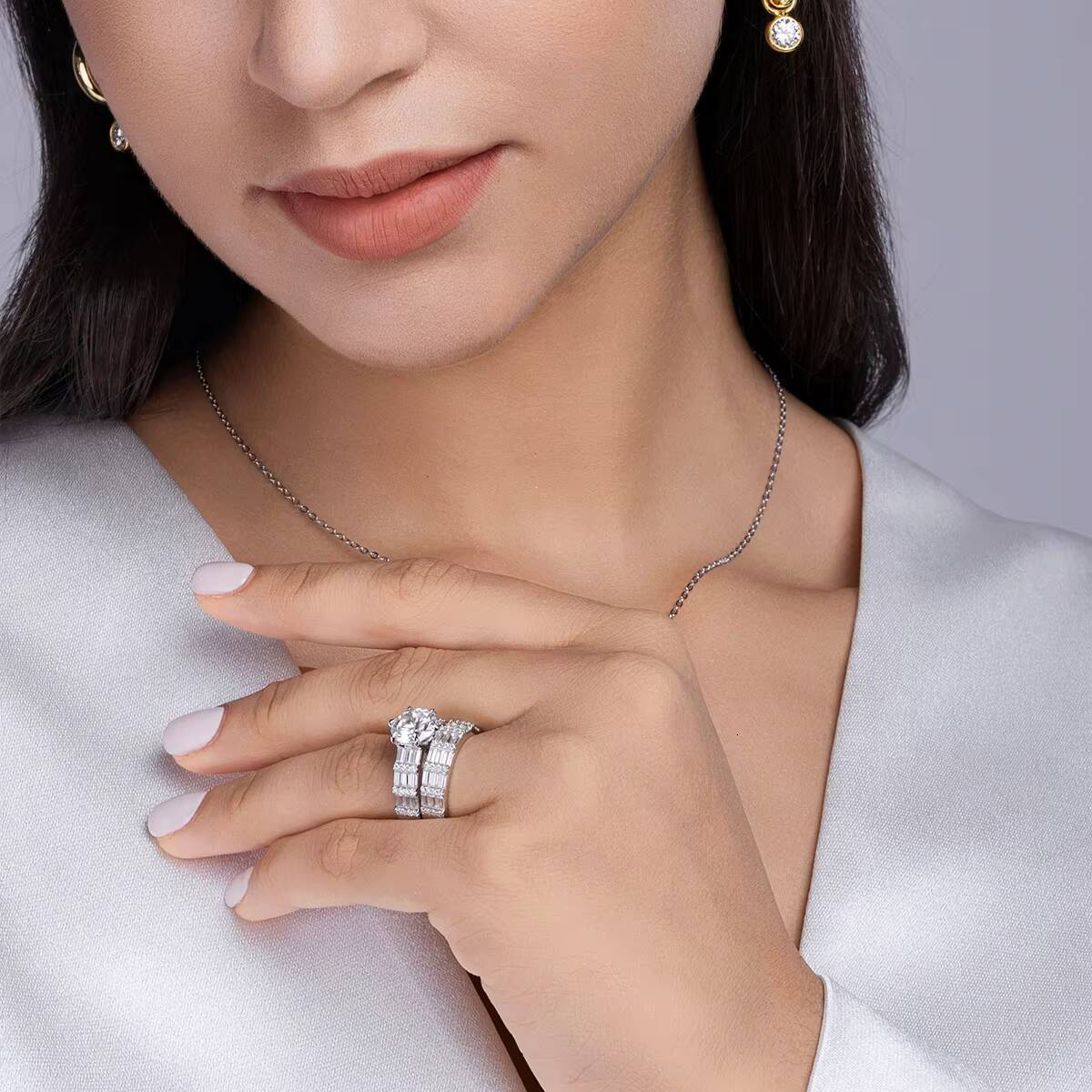 Zanlong 14883 Eternity Band 3ct Main Stone New Design 925 Sterling Silver 18K Gold Plated Moissanite Ring Set