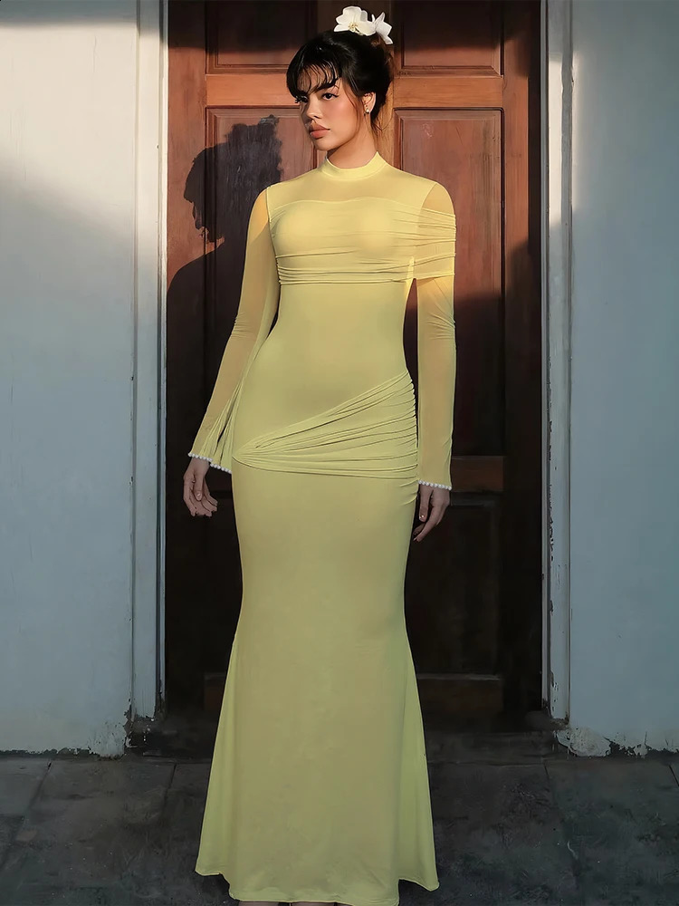 Nibber oNeck Maxi Dress Women Mesh Long Sleeves Folds Elegant Temperament Autumn Trend Skinny Solid Banquet Simple Vestidos 251022