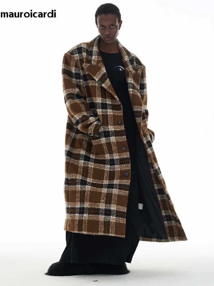 Mauroicardi Autumn Winter Oversized Long Thick Warm Colorful Plaid Wool Blends Coat Men Loose Runway European Fashion 251016