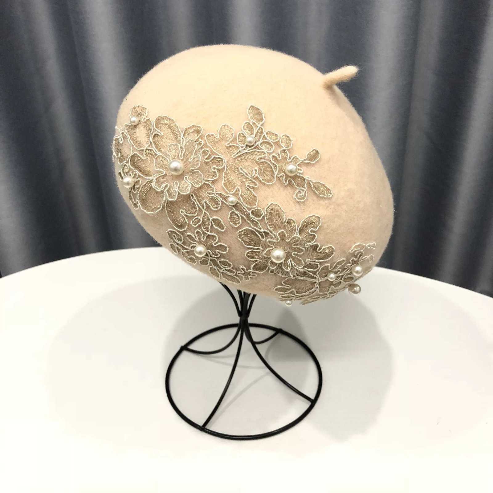 VISROVER winter wool beret with lace and pearls fa wool winter autumn spring hat solid color top quality Wen BoinaW251023