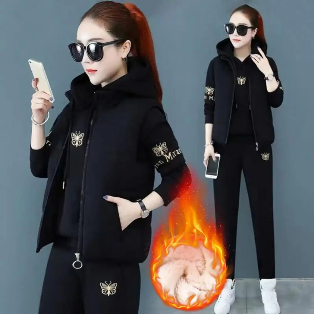 Autumn Winter Womens Casual Sweat Suit Fashion Plush Thickened Hooded Tops Waistcoat Pants 3 Three Piece Set For Women 251022