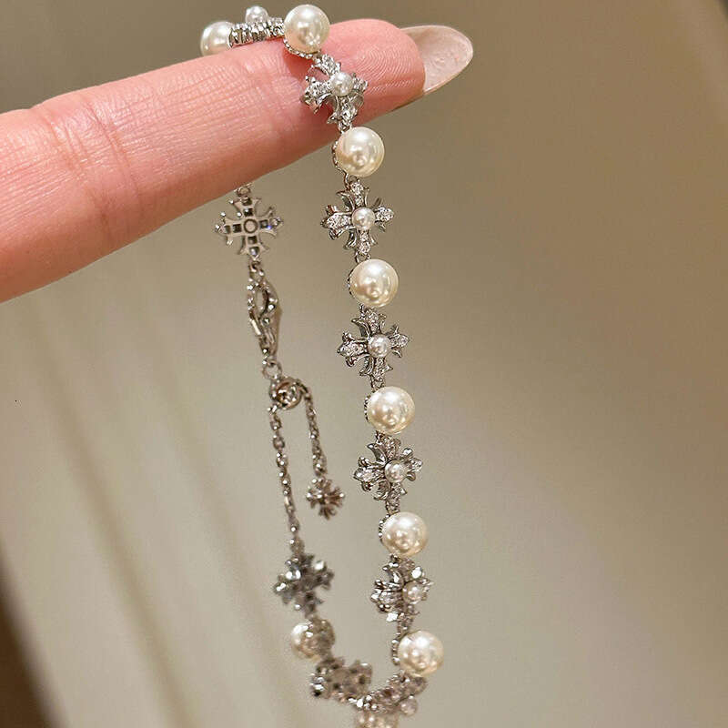 Sweet Cool Fashionable Exquisite Pearl Cross Adjustable Bracelet
