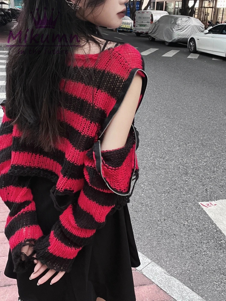 Harajuku Y2k Punk Rock Zipper Sexy Off Shoulder Sweaters Women Gothic Black Grey Red Stripes Broken Hole Loose Knitted Jumpers 251023
