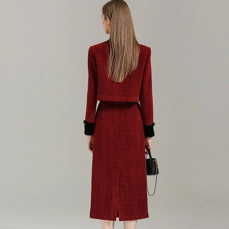 EVNISI Women Elegant TwoPiece Wine Tweed Cardigan Coat Aline Skirt Set Button Up Long Sleeved Chic JacketHigh Waist 251022