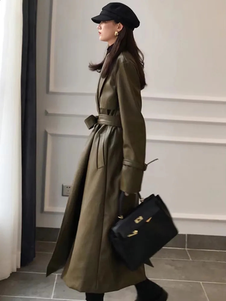 Mauroicardi Spring Autumn Long Waterproof Pu Leather Coat Women Sashes Elegant y Chic Korean Fashion Clothes Overcoat 251017