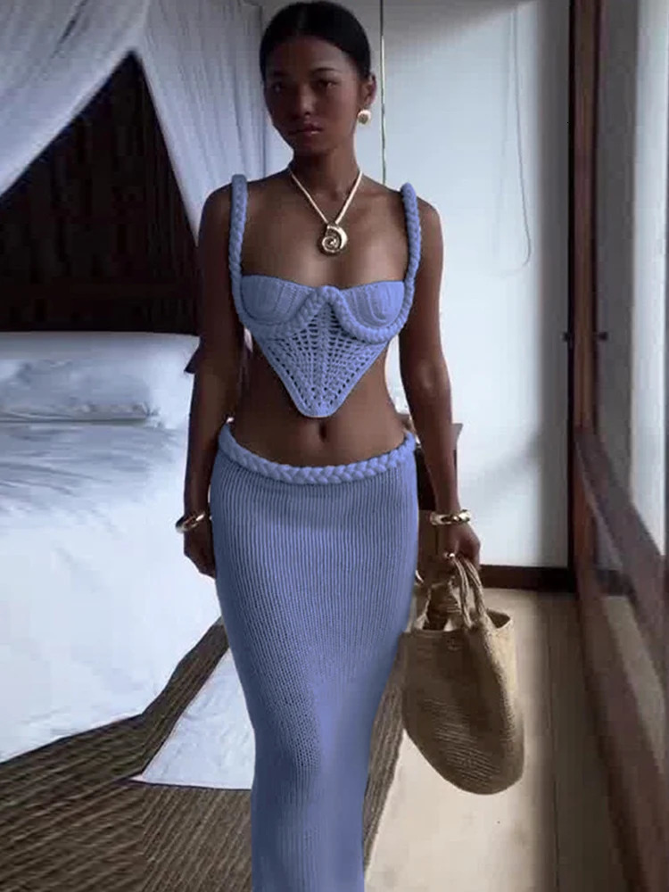 Weird Puss Crochet Shirring 2 Piece Set Women Cross Bandage Backless Irregular TopsSolid Long Skirts Vacation Beach Style Suits 251020