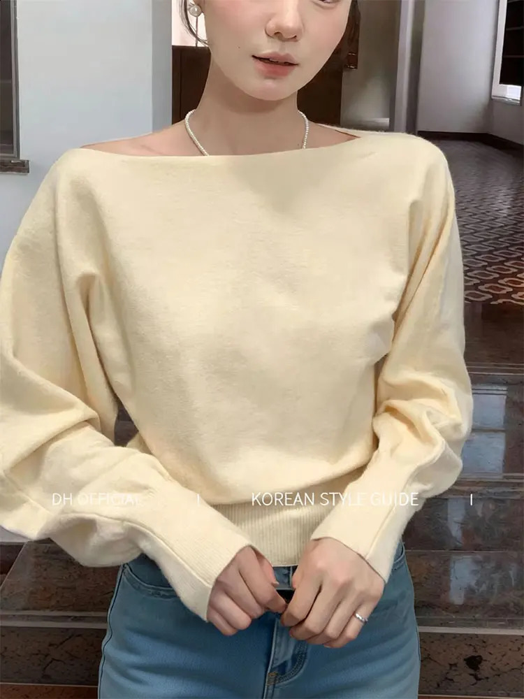 Boat Neck Long sleeve Knitwear Women Pullover Off shoulder Puff sleeve Sweater Spring Autumn Outwear Lady Casual Top 251023