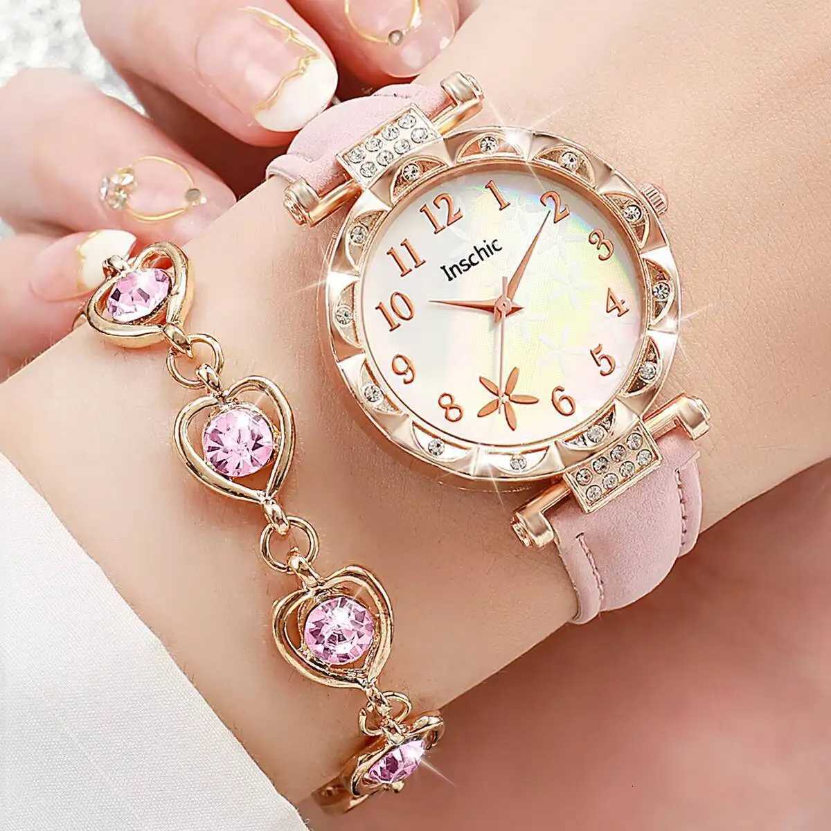 6PCSSet Fashion Flowers Dial Womens Quartz Watch Leather Band Watches Rhinestone Jewelry SetWithout BoxL251023