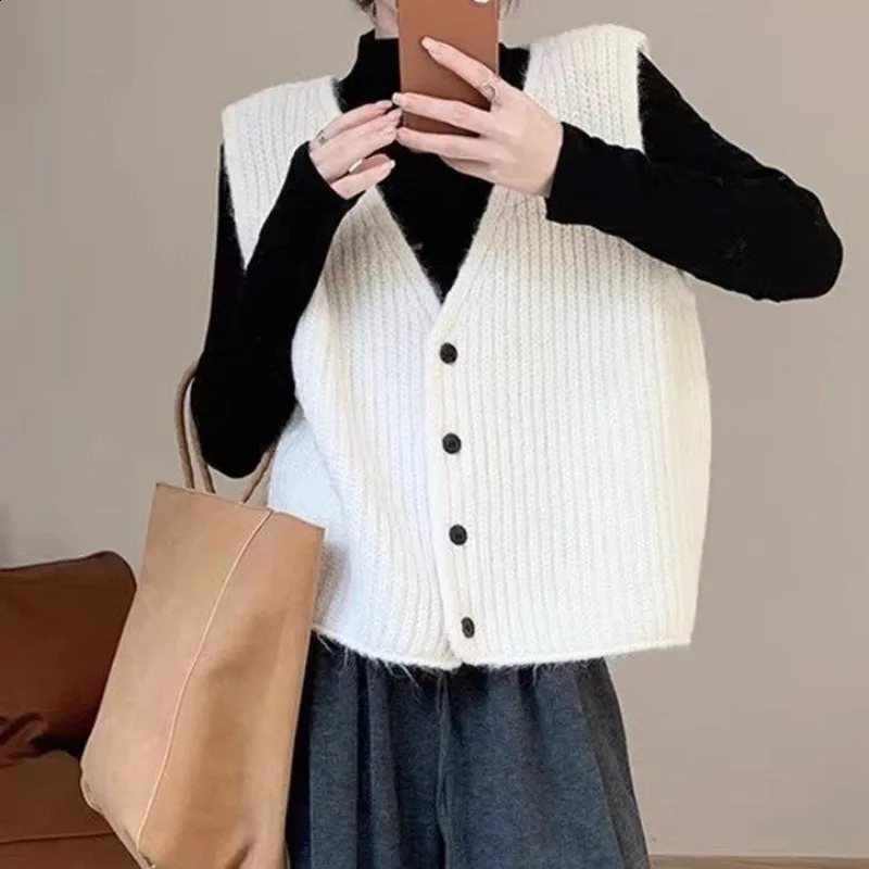 2025 Autumn Winter V Neck Single Button Vest Grey Loose Knit Cardigan Women Fashion Thick Wool Guangzhou Story Niche Sweater 251023