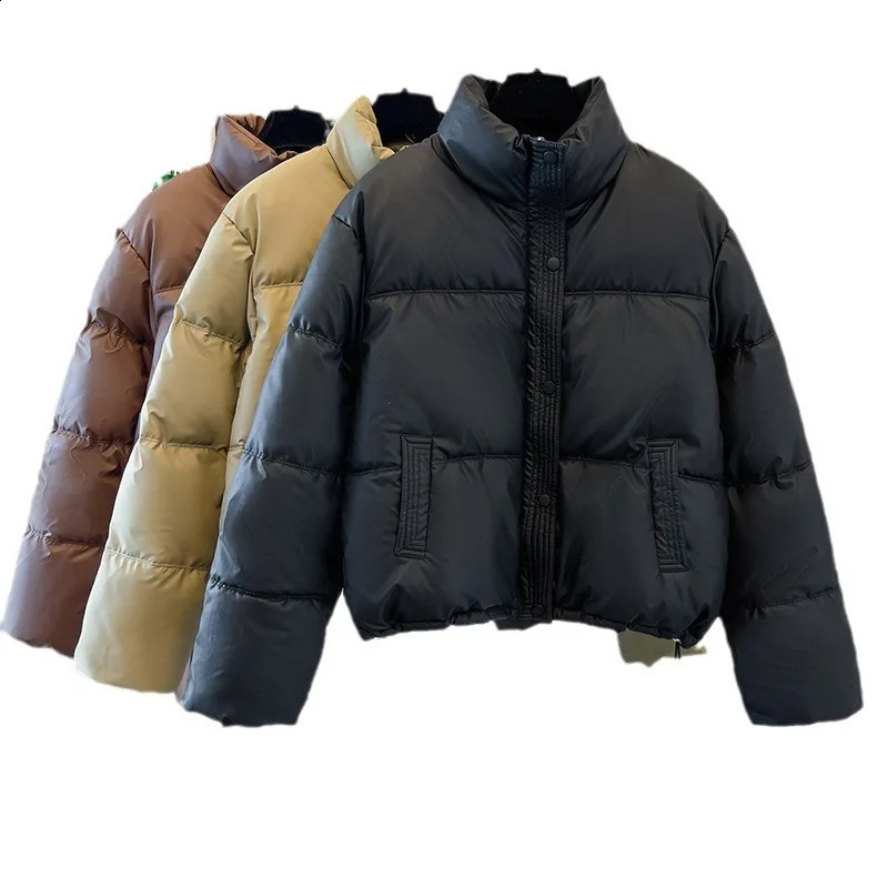 PinkyIsBlack Winter Women Puffer Jacket Warm Short Stand Collar Parkas Female Casual Loose Coat Zipper Long Sleeve Overcoat 251021