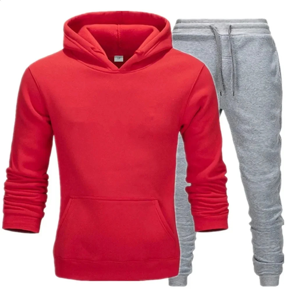 winter hoodies suits men fashion Fleece red hoodie black pants Casual Jogger suit tracksuit sweatshirt 251023