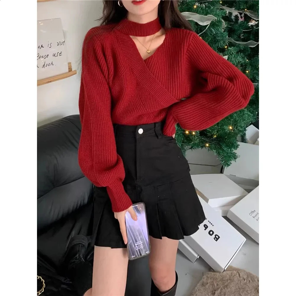 Red Irregular Asymmetrical Collar Lantern Sleeve Knitted Sweater Loose Short Korean Style Lazy Top Womens Fashion Winter Sa 251020