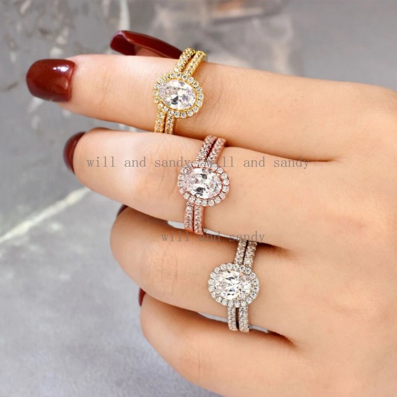 Fashion Band Rings Sterling Silver Ring Set for Women Oval Cut Solitaire Cubic Zirconia Engagement Ring Halo Promise Ring Knuckle Rings Fine Jewelry