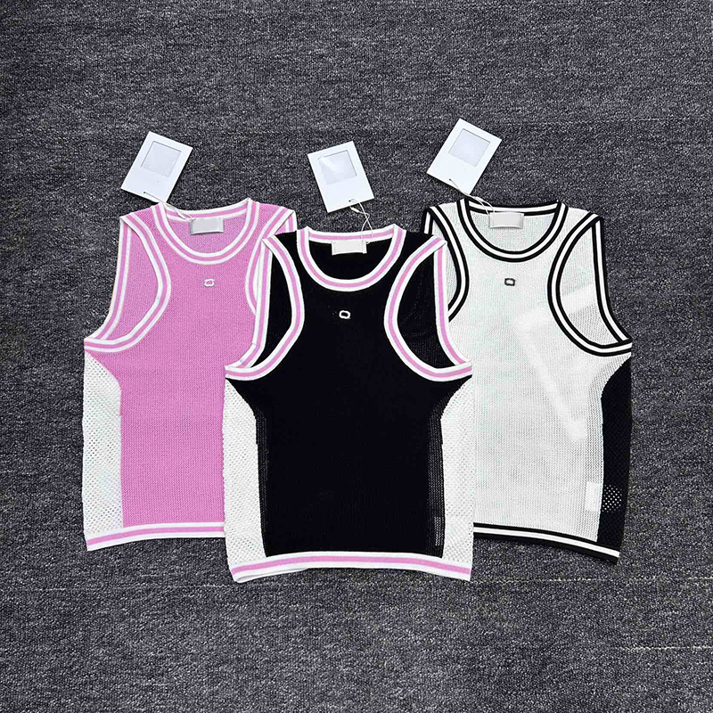 Women Casual Mesh Knitted Tank Top Contrast Color Sport Vest Hollow Out Breathable Sleeveless Tops