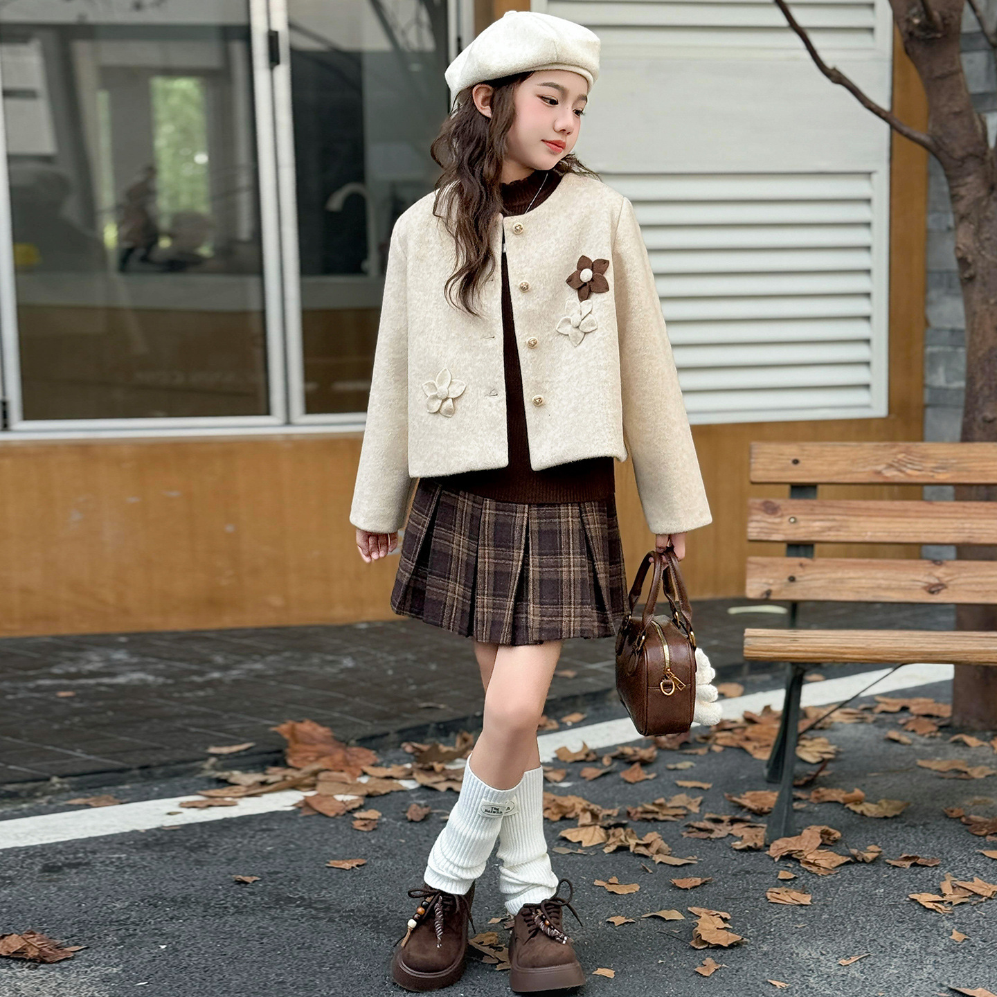 Girl Korean designer set autumn and winter new item plus size children's short jacket plaid skirt three piece set fashionable
