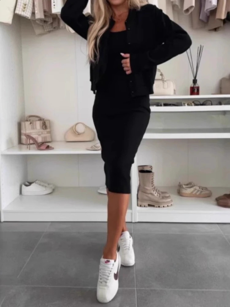 in Spring Summer Womens Collection Casual Suspender Dress Set Fashion Cardigan Jacket Tops Slim Long Skirt Twopiece Sets 251022