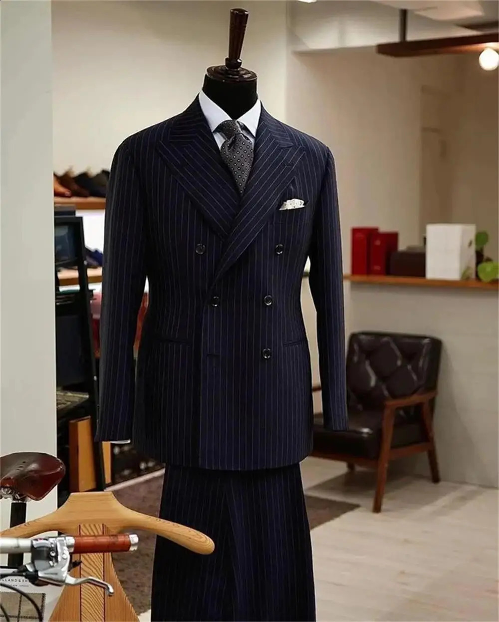 Navy Blue Striped mens business suit set Jacket striped pants Double breasted slim fit Mens Wedding Banquet Dress 251023