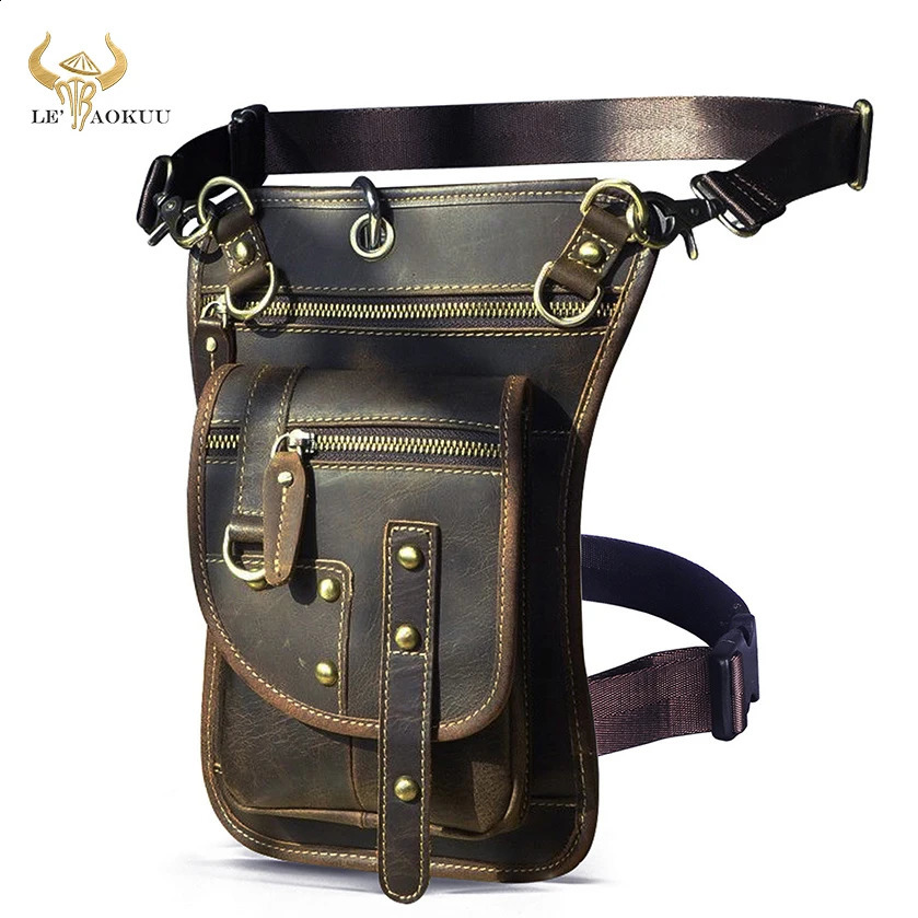 Crazy Horse Leather Men Small Messenger Mochila Bag Fashion Travel Belt Fanny Waist Pack Drop Leg Bag Tablet Pouch 2141251023