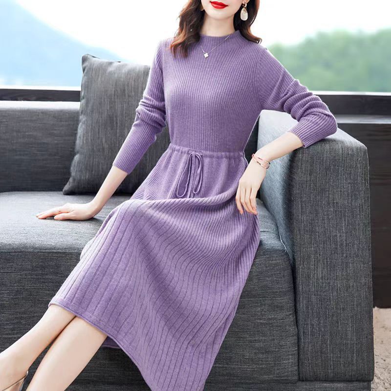 L4184 Comfortable round neck waist knitted dress autumn and winter new loose slim solid color sweater dress