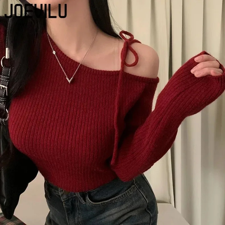 JOEVILU Slanted Collar Tied Irregular Pullover Womens Long Sleeved Knitted Tops Autumn Winter Korean Fashion Red Retro Sweaters 251020