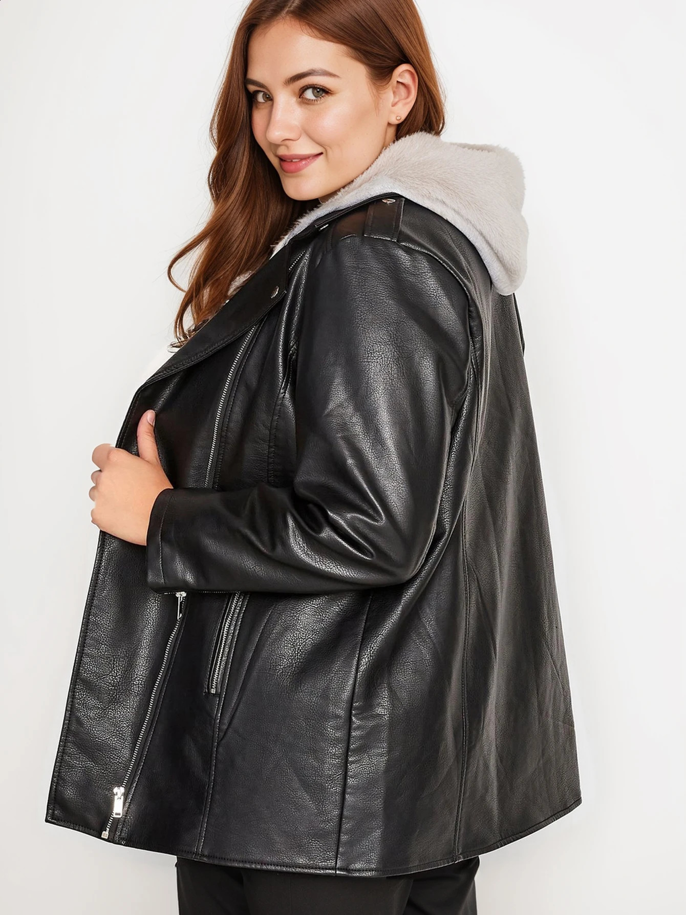 Plus Size PU Leather Zipper Jacket Casual Long Sleeve Lapel For Fall Womens Clothing 251017