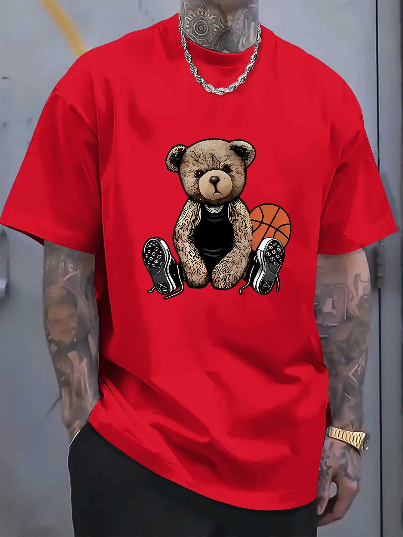 Mens Summer Fashion Fun Basketball Bear Print Comfortable Breathable Round Neck Tshirt Outdoor Casual TopXJ251023