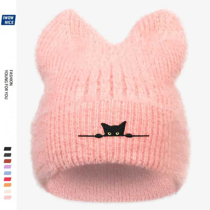 New Cat Ear Embroidered Wool Knit Beanie Hat Cute Winter Warm Cap for Autumn Cold Weather Unisex DesignXJ251023