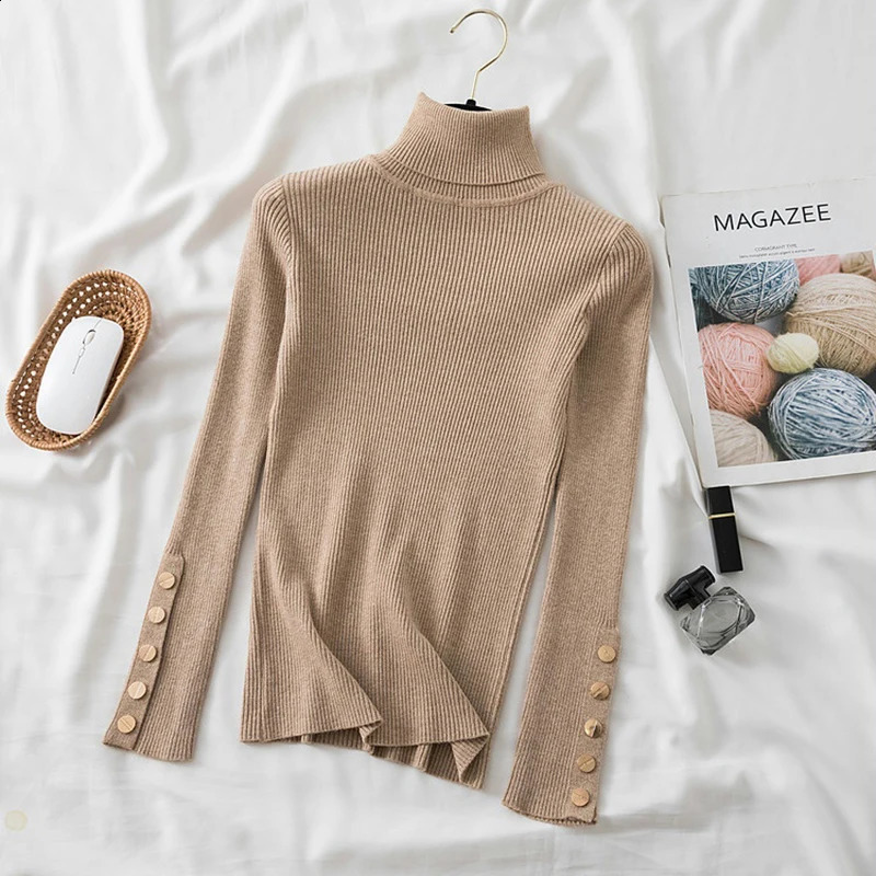 2025 autumn winter women thick sweater pullovers long sleeve button Turtleneck chic Sweater Female Slim knit soft jumper tops 251016