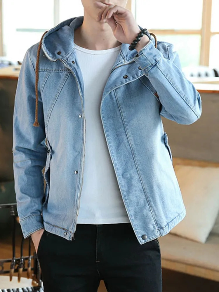 Spring Autumn Japanese Retro Mens Hooded Denim Jacket Slim Fit Zipper Casual Outerwear Male Long Sleeve Streetwear Coats 251017