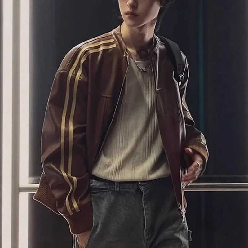 American Retro Striped Patchwork Leather Jacket Loose Stand Collar Mens Autumn Top Korean Style Motorcycle Leather Vest W251023