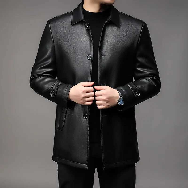 High Quality Mens Leather Jacket with Warm Fleece for Winter Turndown Collar Business Single breasted Leather Coat PU025 W251023