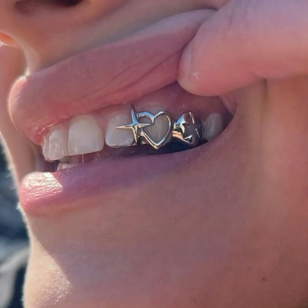 Hiphop Personality Double Hollowedout Heart Shape Stars Stainless Steel Dental Grills for Women Men Halloween Teeth Jewelry 251022
