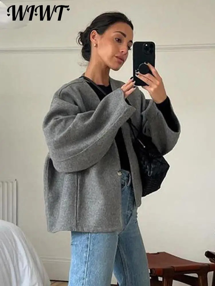 Casual Single Button Woolen Coat Women Long Sleeve Loose Short Autumn Winter Female Elegant Grey Chic Vneck Coats 251022