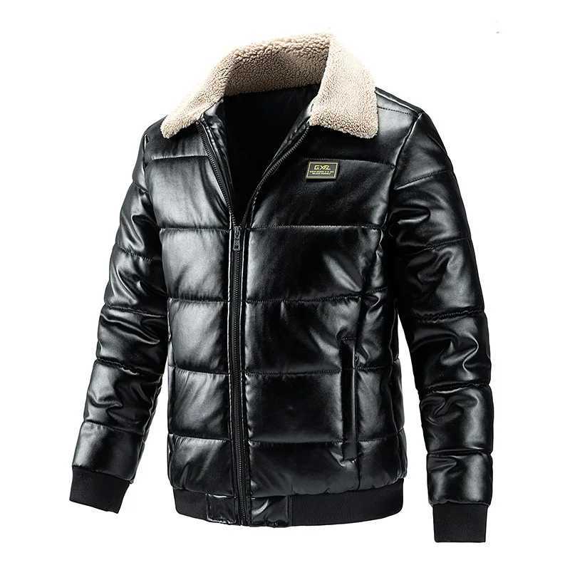 Mens PU Leather Quilted Jacket Korean Style Winter Thermal Coat with Big Capacity Pockets Waterproof Stain Resistant Jacket W251023