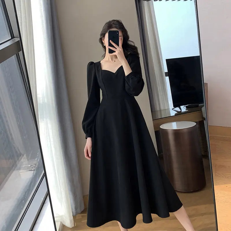 Vintage Collar Long Black Dress KneeLength Womens Elegant Gown Polyester Fabric Sleeve VNeck Midi 251022